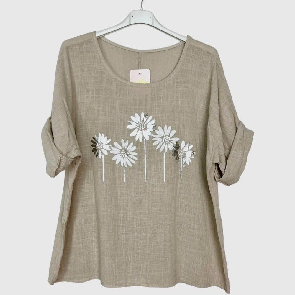 02 Made in Italy Cotton Linen Tunic Top With Flowers Pattern